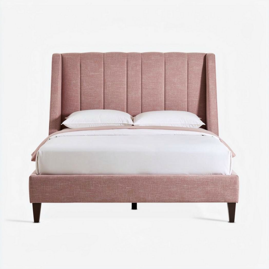 Letto matrimoniale imbottito in tessuto rosa con testata alta 200 x 160 x 120cm