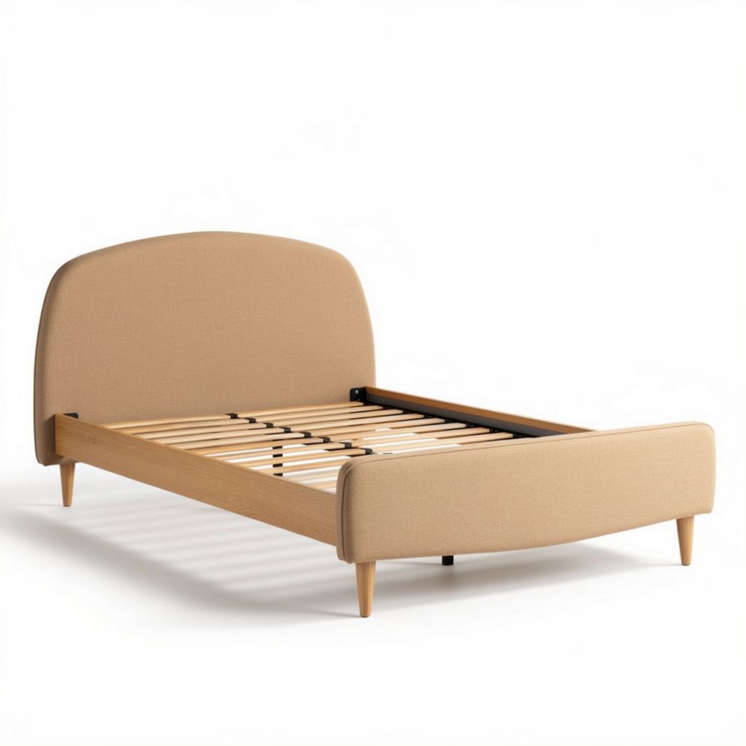 Letto matrimoniale beige in tessuto con struttura in legno 200 x 140 x 30cm