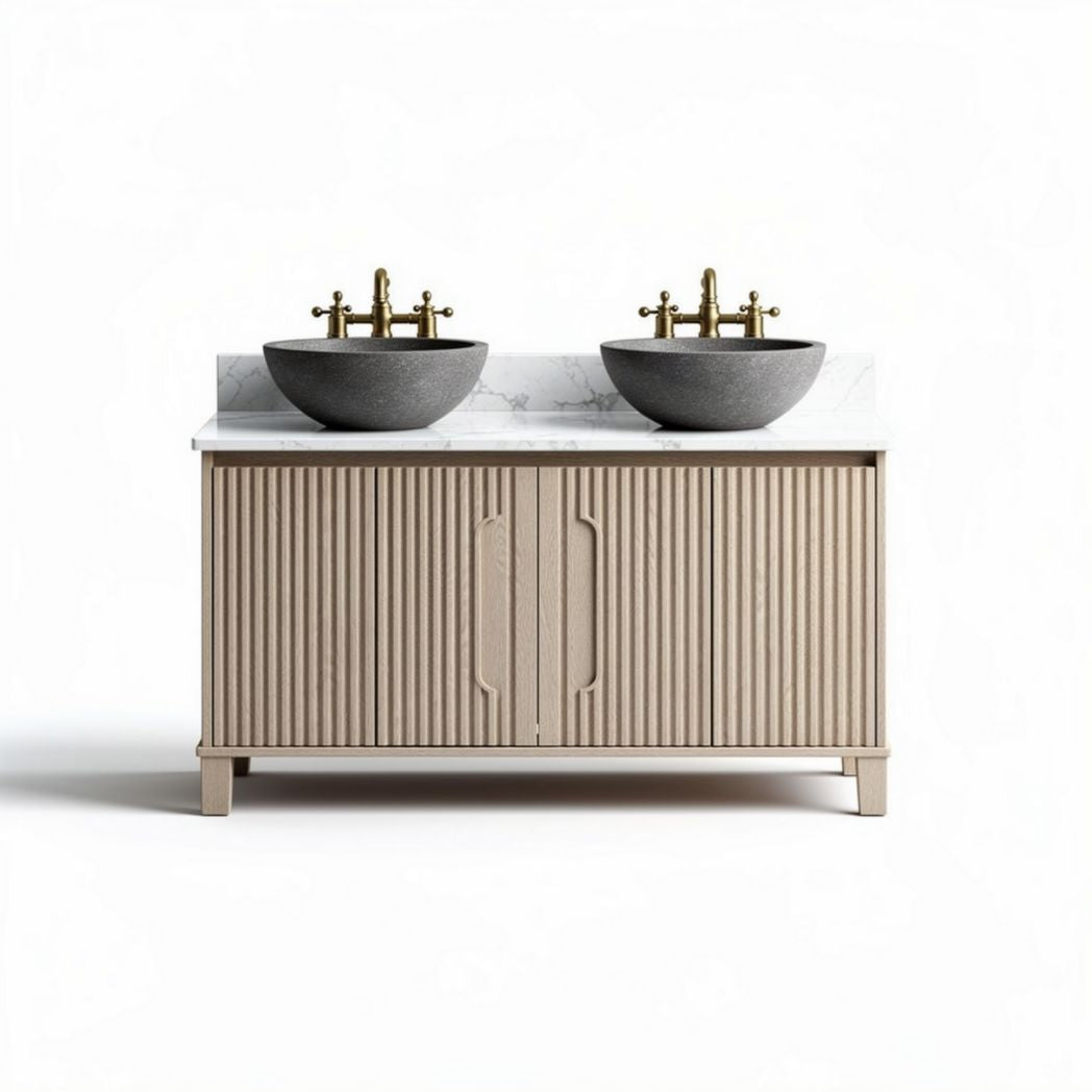 Mobile lavabo in legno con piano in marmo e lavelli in ceramica grigia 100 x 50 x 85cm