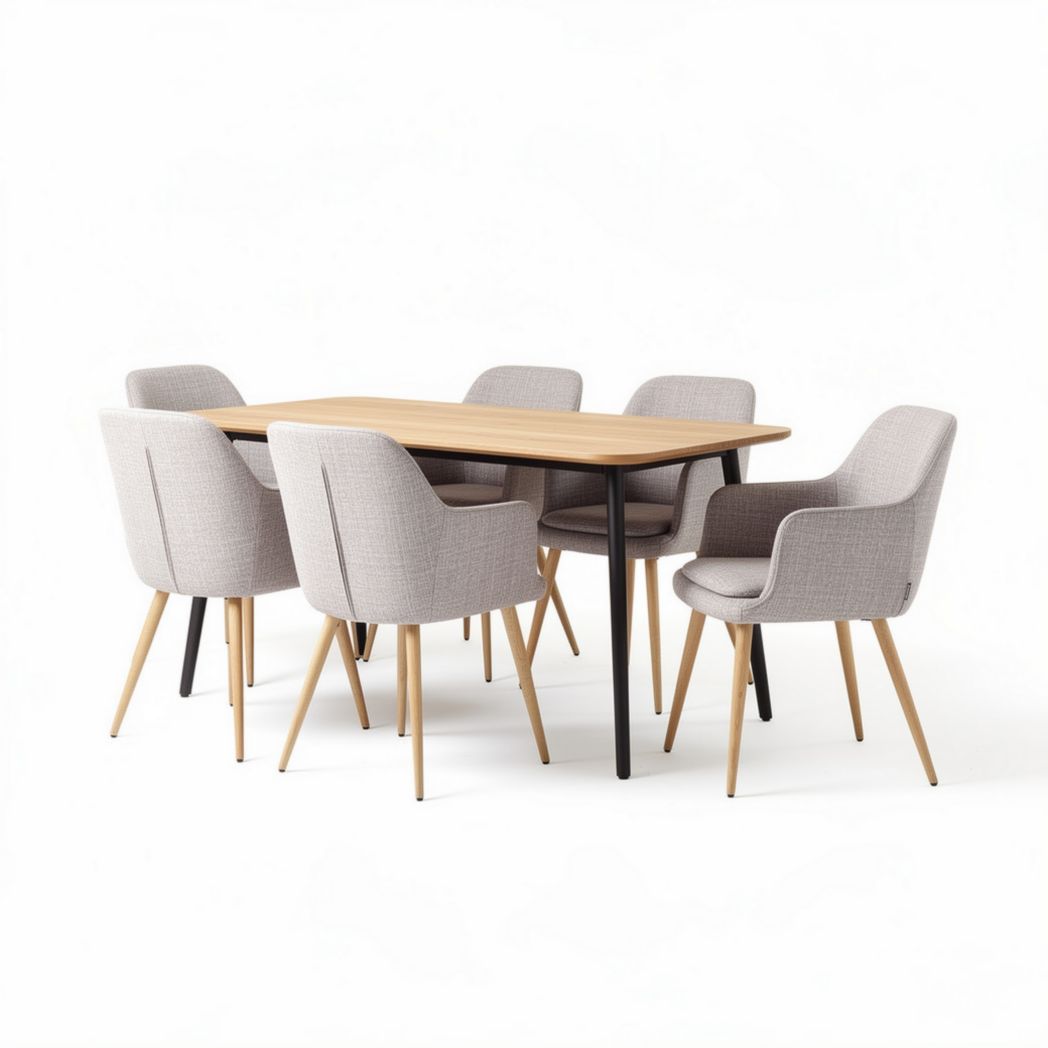 Tavolo da pranzo in legno con sedie imbottite grigie dimensioni 180 x 90 x 75cm