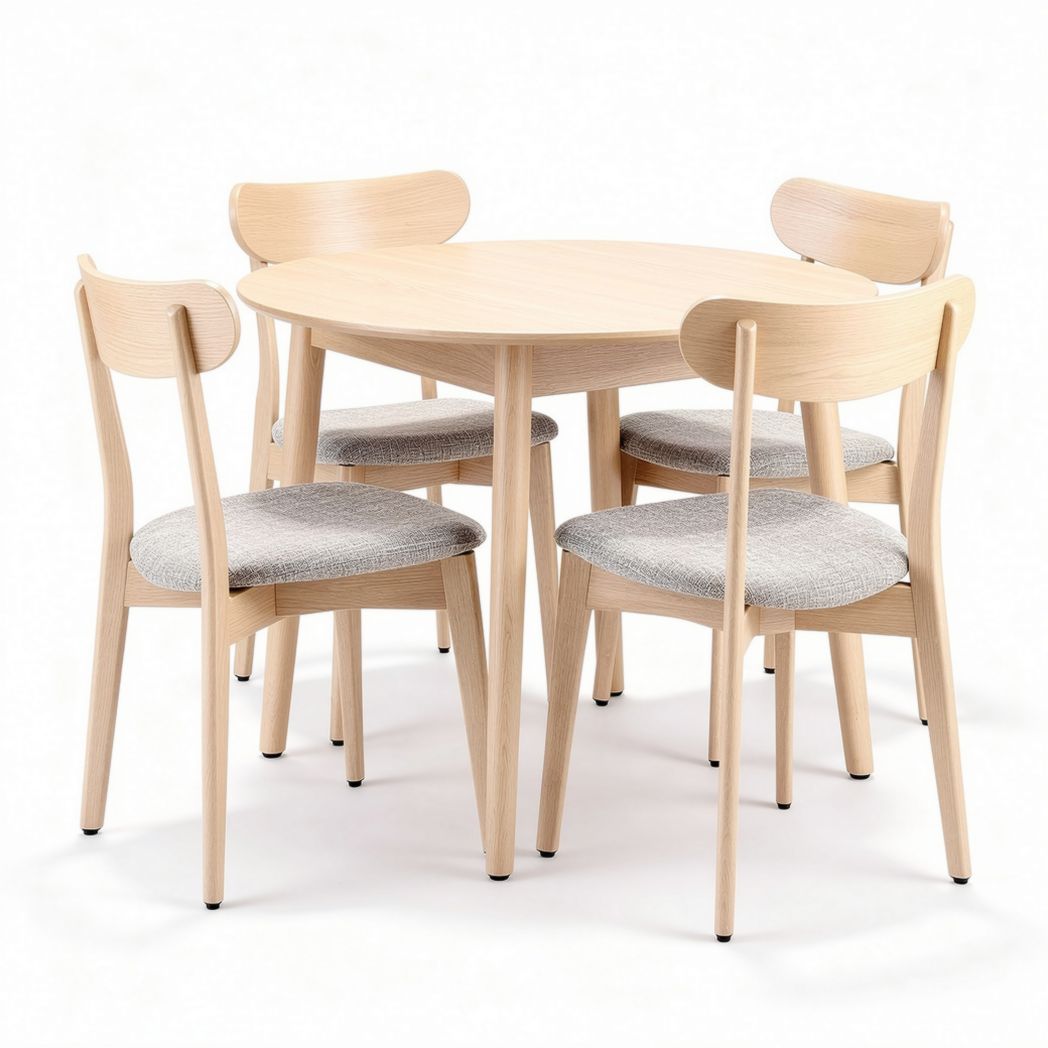 Tavolo rotondo in legno con quattro sedie imbottite grigie 100 x 100 x 75cm