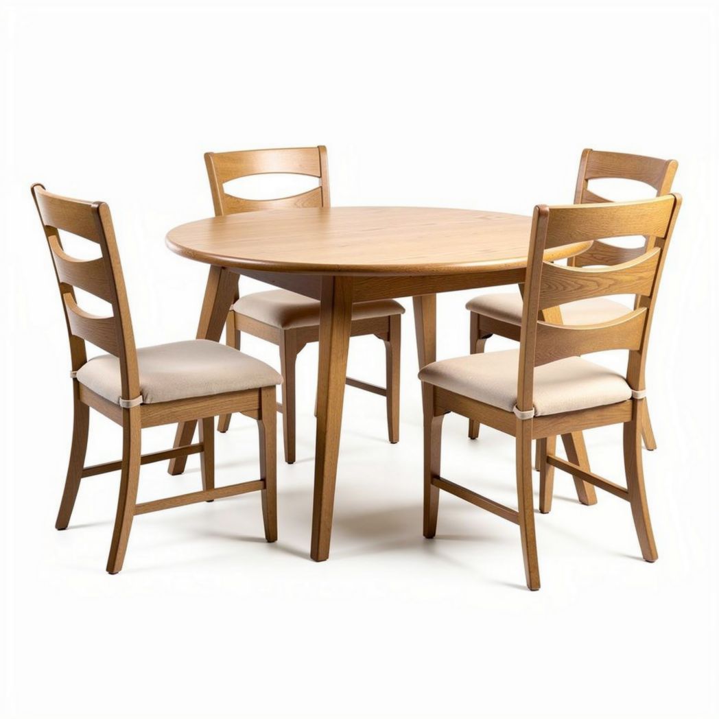 Tavolo rotondo in legno con quattro sedie imbottite colore naturale 120 x 120 x 75cm