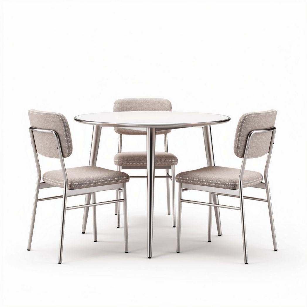 Tavolo rotondo in metallo con quattro sedie imbottite color beige 120 x 120 x 75cm