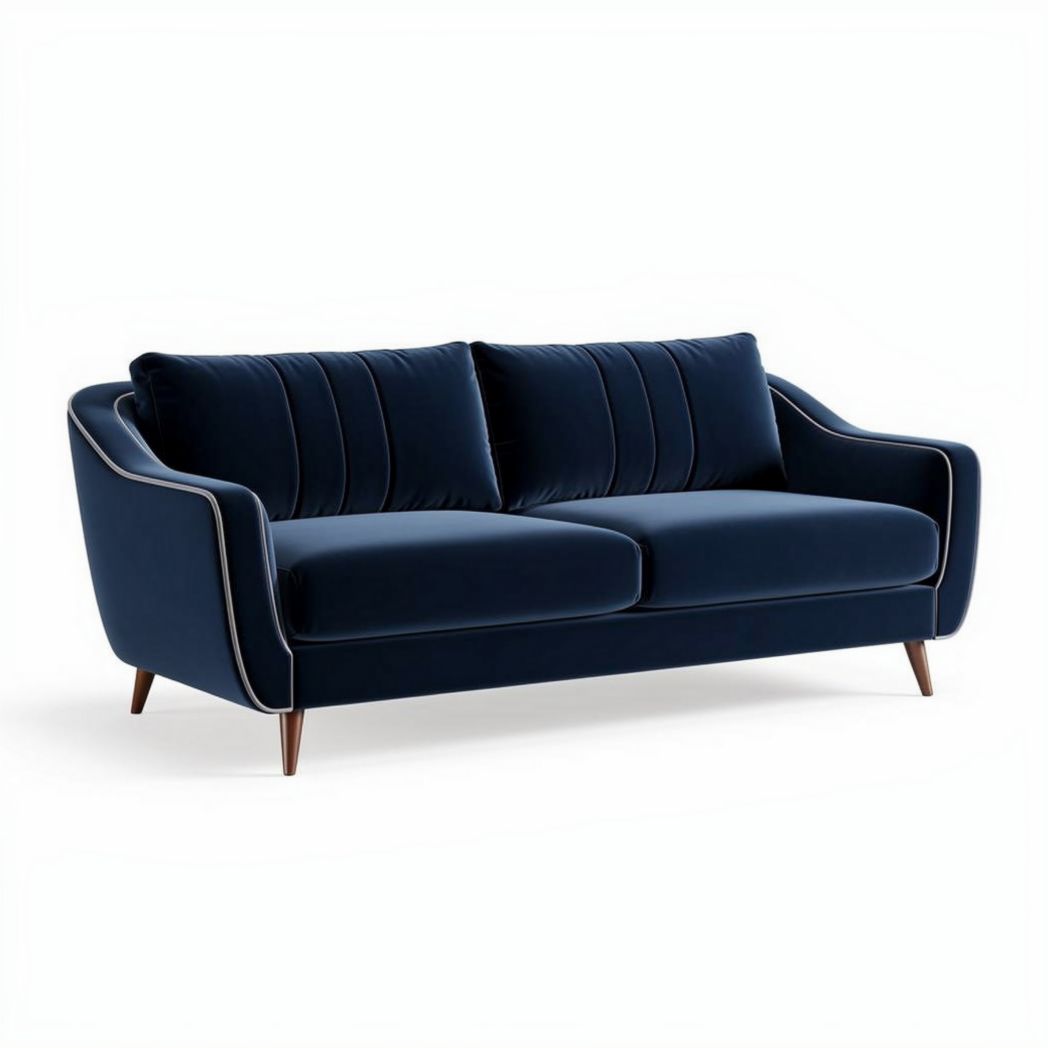 Divano blu in velluto con struttura in legno dimensioni 180 x 80 x 85cm
