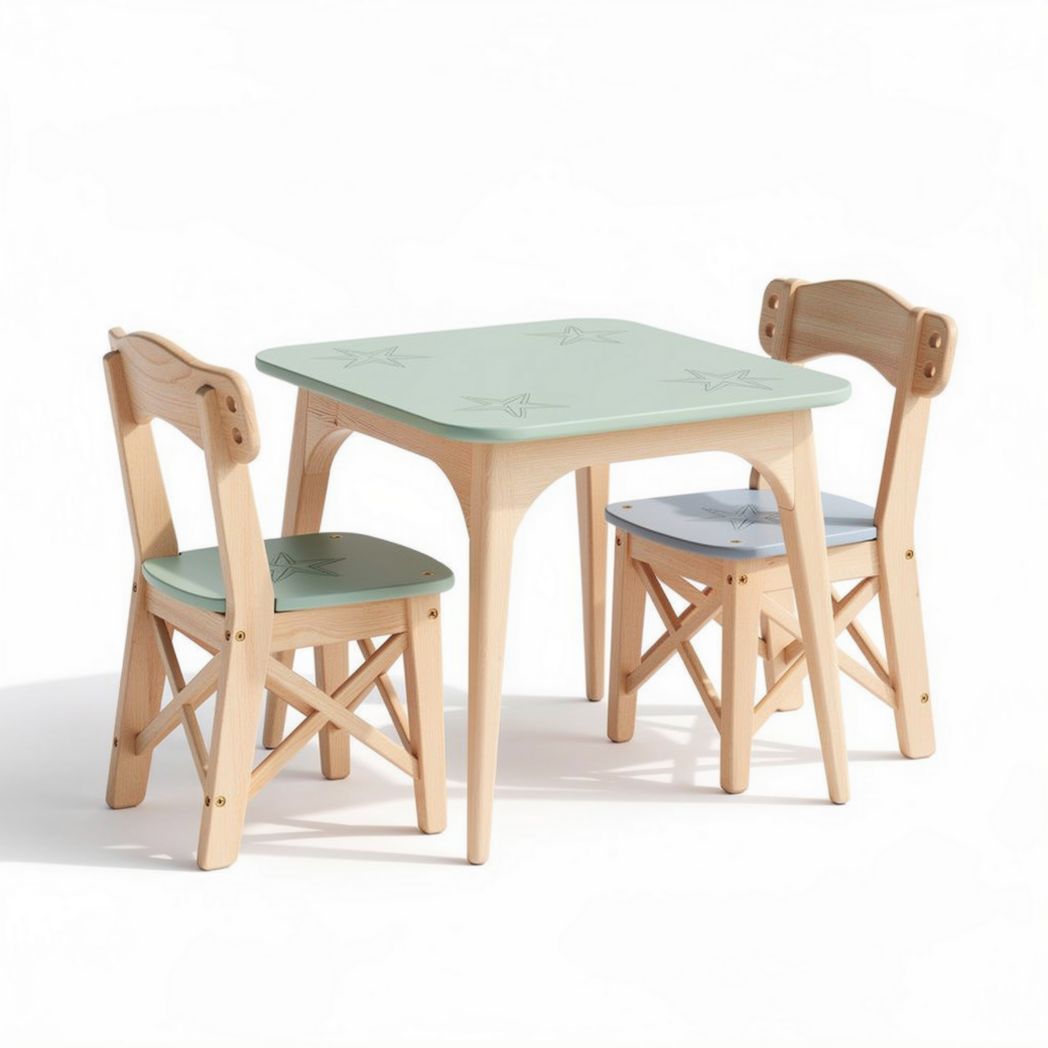 Set da tavolo per bambini con sedie in legno naturale e piano verde 80 x 60 x 50cm