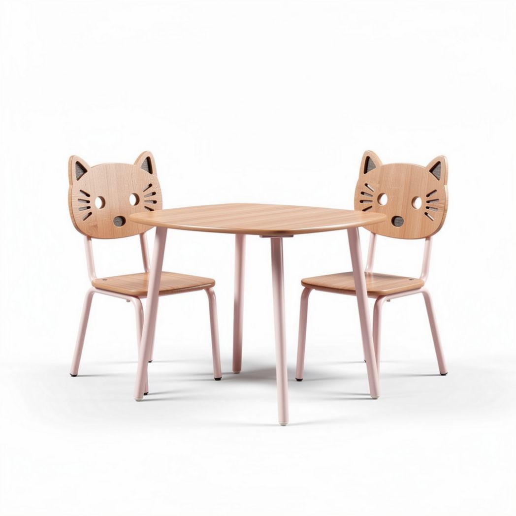 Tavolo e sedie per bambini in legno con design a forma di gatto dimensioni 90 x 60 x 50cm