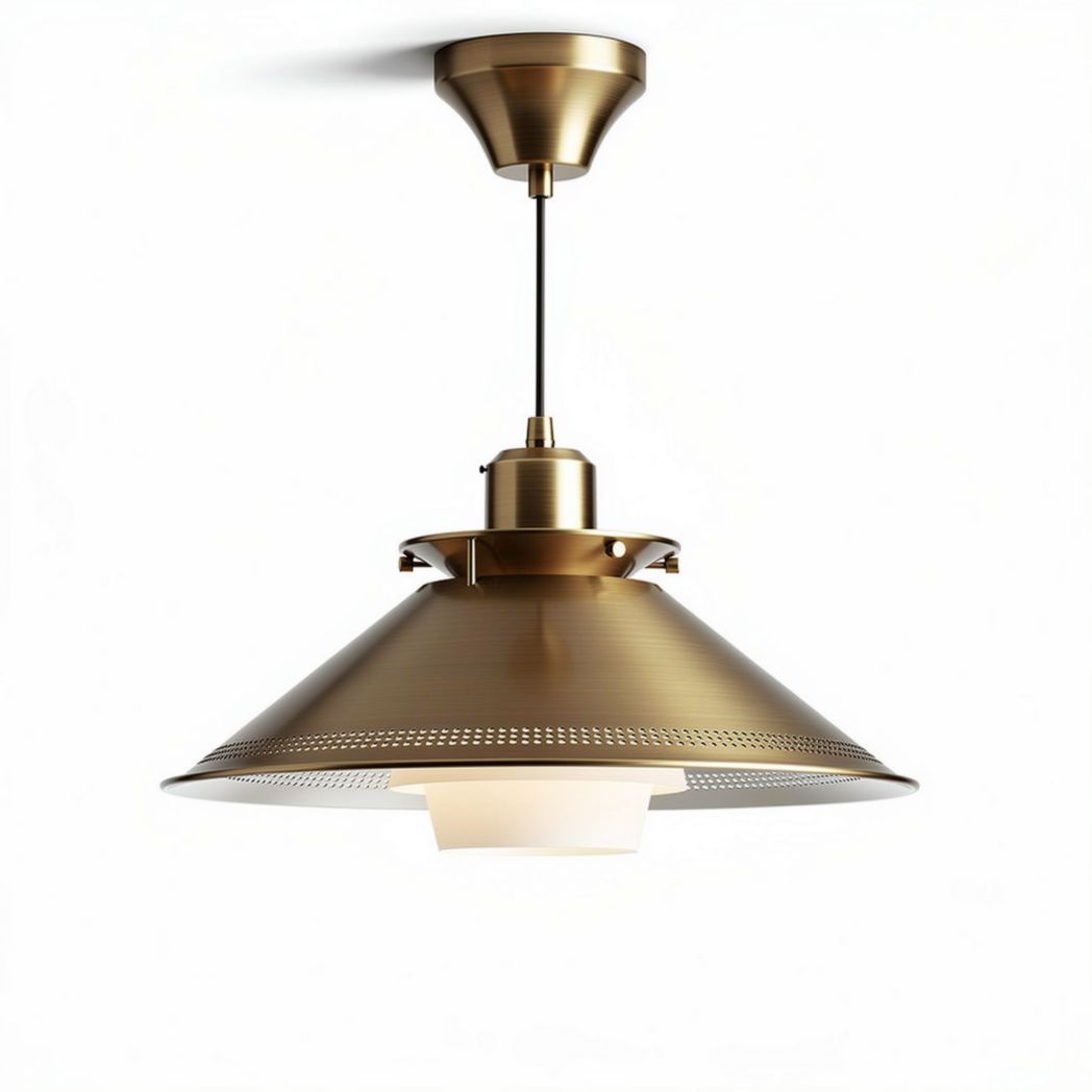 Lampadario in metallo dorato con paralume a forma conica dimensioni 30 x 30 x 25cm
